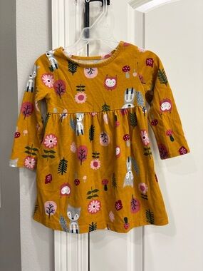 Wonder Nation golden yellow long sleeve tshirt dress with flowers & animals 2T